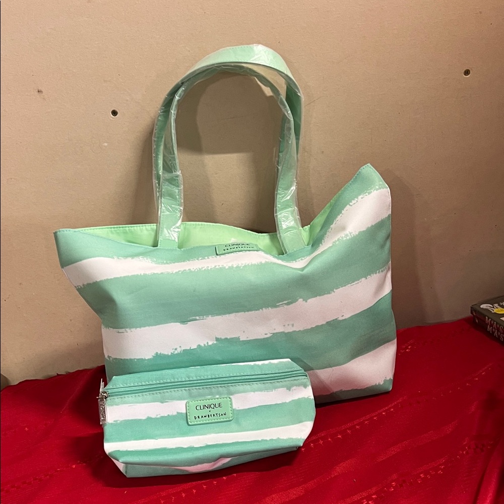 New Clinique Mint and White Striped Tote Bag Set